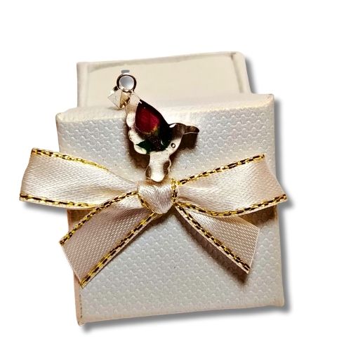 Mini dije de colibrí encapsulado con rosa en el interior