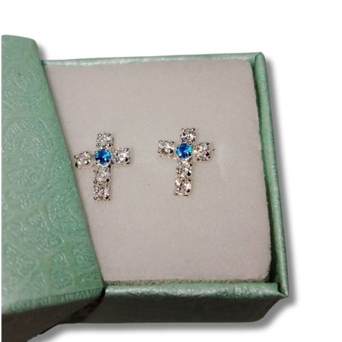 Broquel cruz con microcirconia blanca y azul